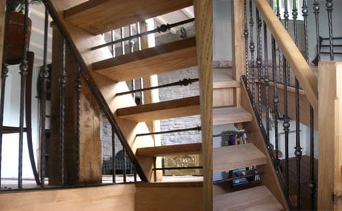 Close up of Welsh oak stairs handrail, stringers and treads